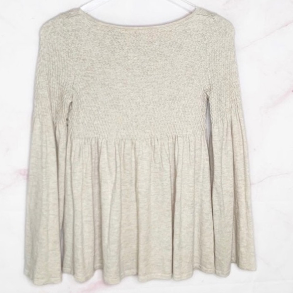 Anthro Knitted & Knotted Oatmeal Wool Blend Balloon Sleeve Babydoll Sweater Top - Picture 8 of 13